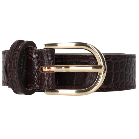 Burgunder Ledergürtel mit Kroko-Prägung – 2,5cm Breit, Gold-Ovale Schließe - leder-accessoires.com