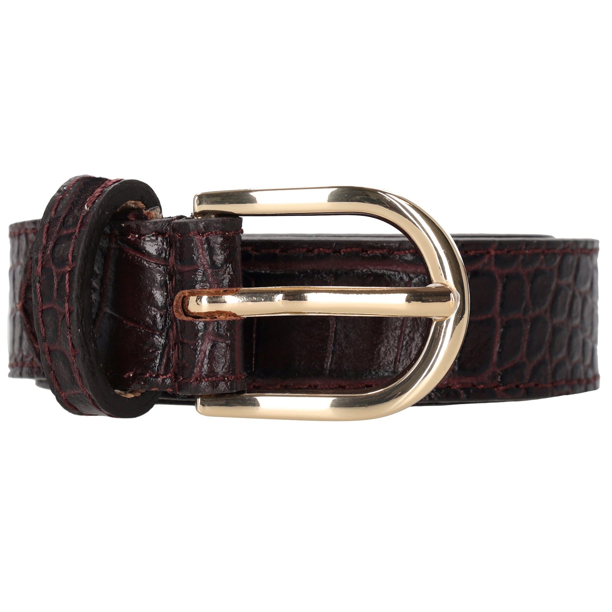 Burgunder Ledergürtel mit Kroko-Prägung – 2,5cm Breit, Gold-Ovale Schließe - leder-accessoires.com