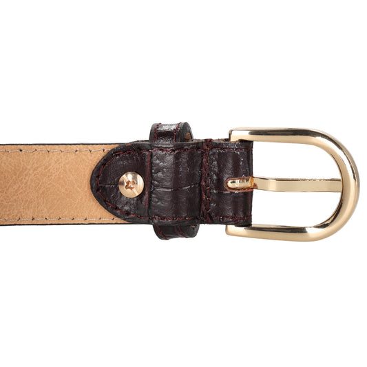 Burgunder Ledergürtel mit Kroko-Prägung – 2,5cm Breit, Gold-Ovale Schließe - leder-accessoires.com