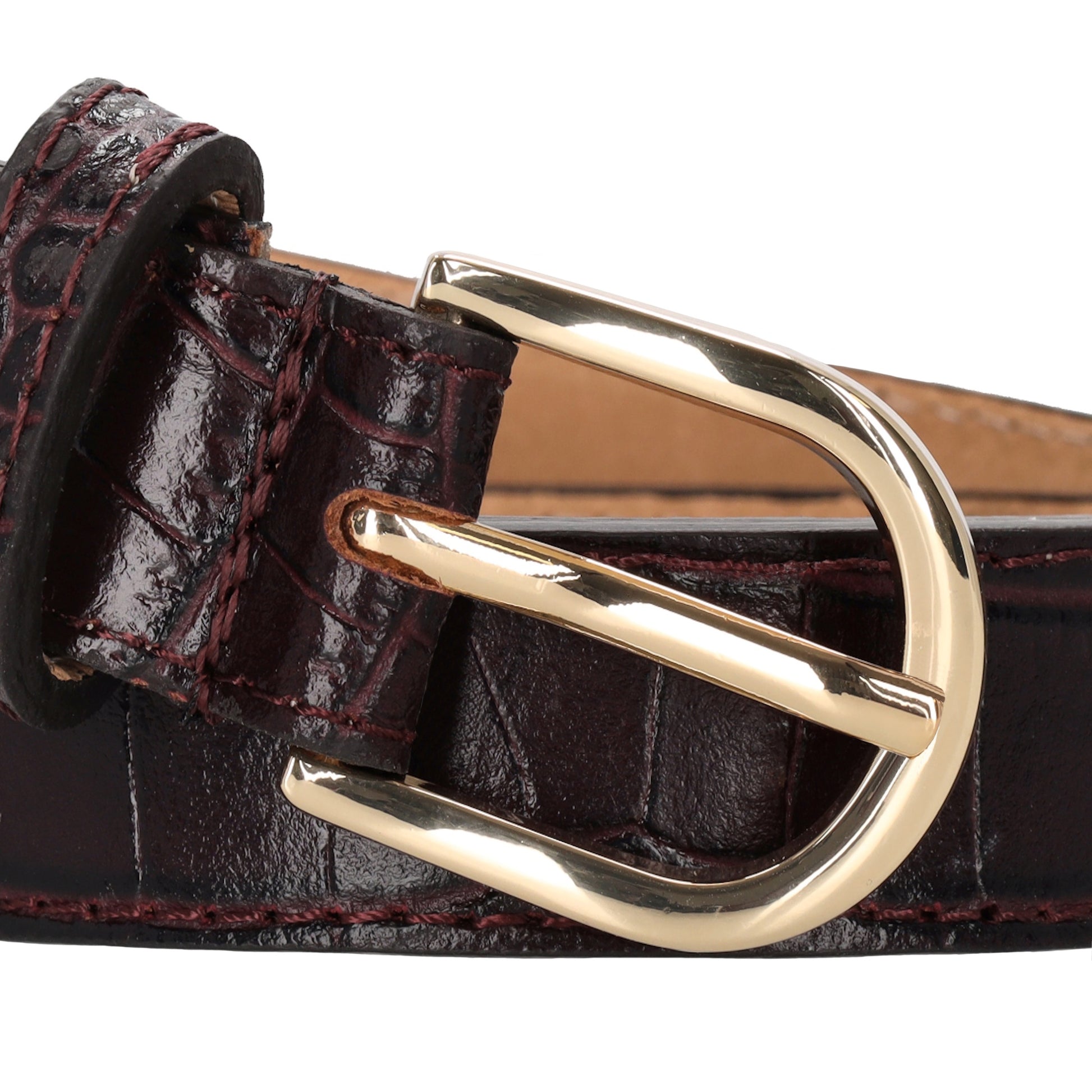 Burgunder Ledergürtel mit Kroko-Prägung – 2,5cm Breit, Gold-Ovale Schließe - leder-accessoires.com