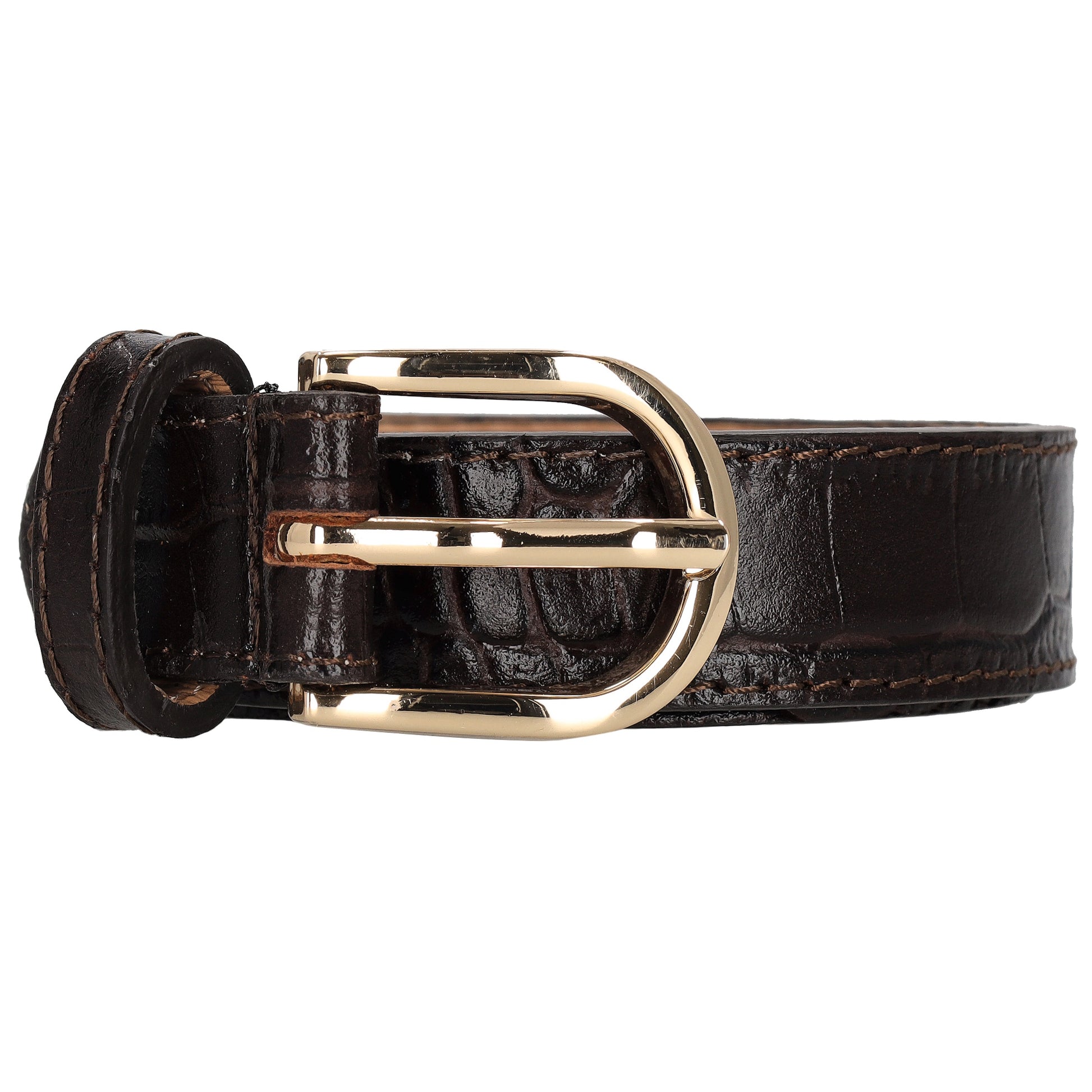 Dunkelbrauner Ledergürtel mit Kroko-Prägung – 2,5cm Breit, Gold-Oval Schließe - leder-accessoires.com