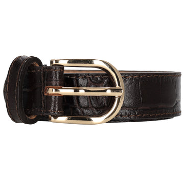 Dunkelbrauner Ledergürtel mit Kroko-Prägung – 2,5cm Breit, Gold-Oval Schließe - leder-accessoires.com