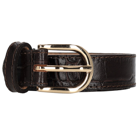 Dunkelbrauner Ledergürtel mit Kroko-Prägung – 2,5cm Breit, Gold-Oval Schließe - leder-accessoires.com
