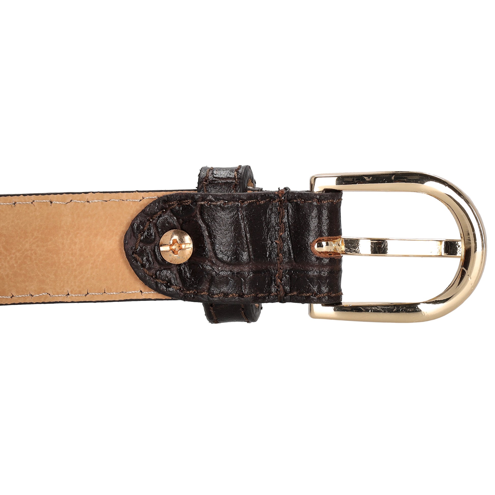 Dunkelbrauner Ledergürtel mit Kroko-Prägung – 2,5cm Breit, Gold-Oval Schließe - leder-accessoires.com