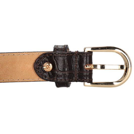 Dunkelbrauner Ledergürtel mit Kroko-Prägung – 2,5cm Breit, Gold-Oval Schließe - leder-accessoires.com
