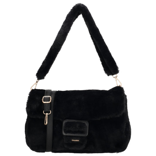 Schultertasche mit Überschlag aus Kunstfell in Schwarz