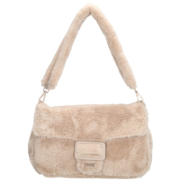 Schultertasche mit Überschlag aus Kunstfell in Creme