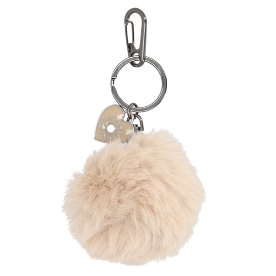 Pompon-Taschenanhänger in Beige mit Schlüsselring - leder-accessoires.com