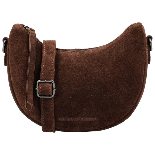 Dunkelbraune Wildleder Umhängetasche 22x16cm Halbmond - leder-accessoires.com