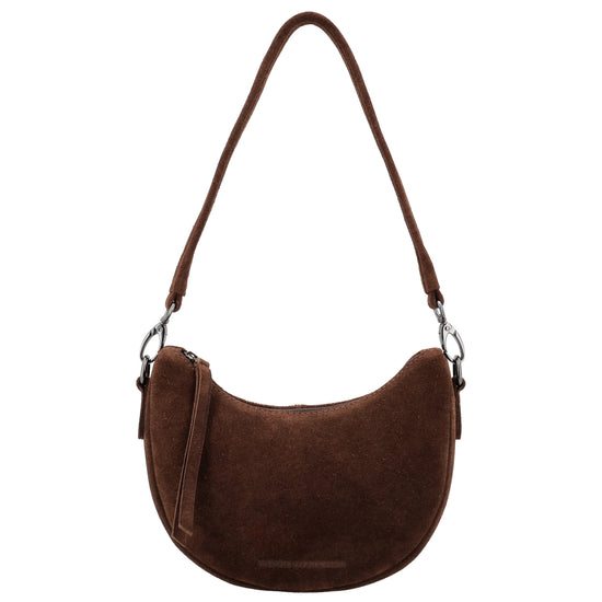 Dunkelbraune Wildleder Umhängetasche 22x16cm Halbmond - leder-accessoires.com