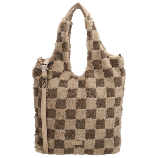 Shopper aus Kunstfell in Taupe mit Karomuster – Große Damentasche 33,5x58 cm mit Reißverschluss - leder-accessoires.com
