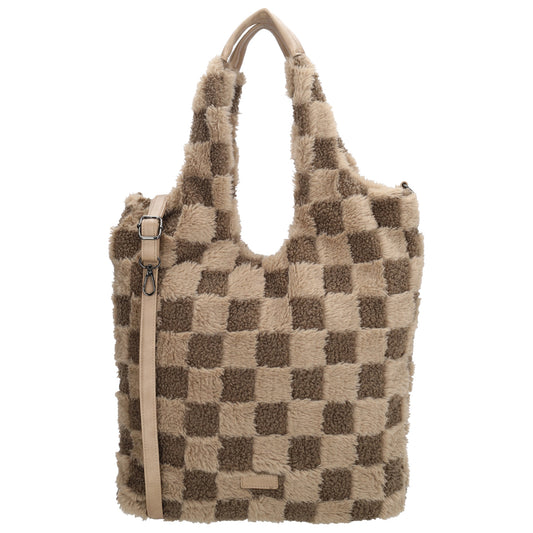 Shopper aus Kunstfell in Taupe mit Karomuster – Große Damentasche 33,5x58 cm mit Reißverschluss - leder-accessoires.com