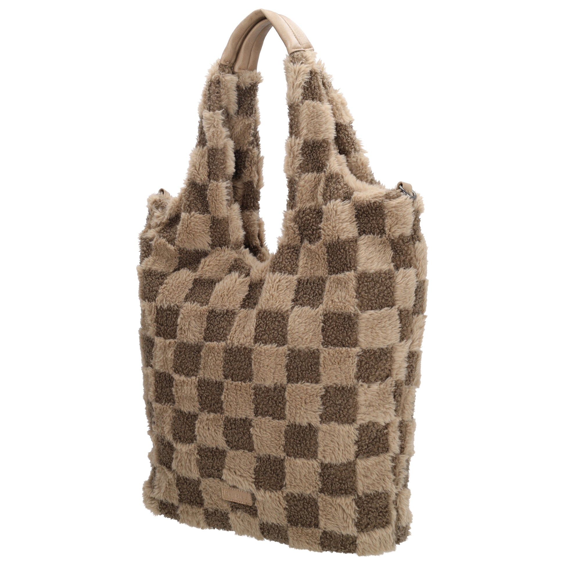 Shopper aus Kunstfell in Taupe mit Karomuster – Große Damentasche 33,5x58 cm mit Reißverschluss - leder-accessoires.com