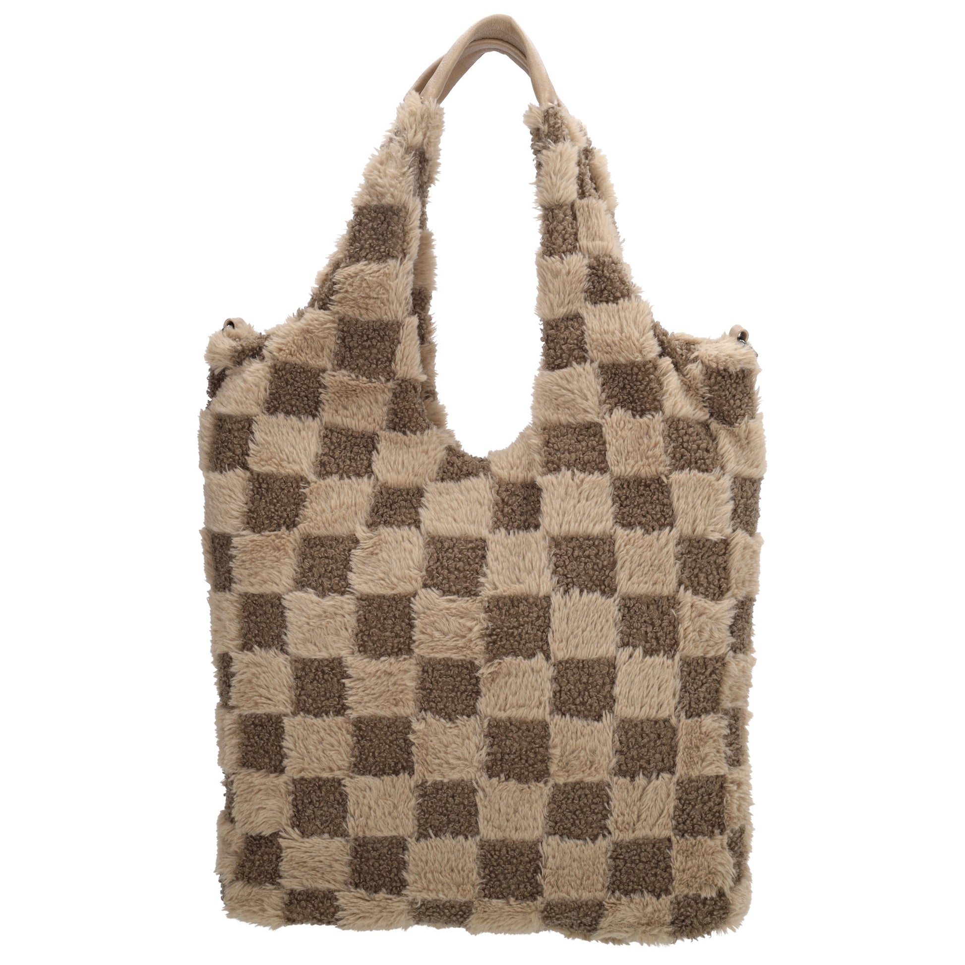 Shopper aus Kunstfell in Taupe mit Karomuster – Große Damentasche 33,5x58 cm mit Reißverschluss - leder-accessoires.com