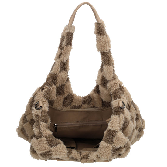 Shopper aus Kunstfell in Taupe mit Karomuster – Große Damentasche 33,5x58 cm mit Reißverschluss - leder-accessoires.com