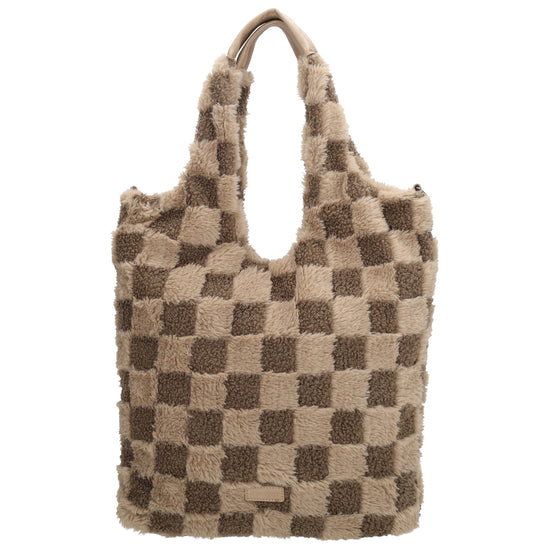 Shopper aus Kunstfell in Taupe mit Karomuster – Große Damentasche 33,5x58 cm mit Reißverschluss - leder-accessoires.com