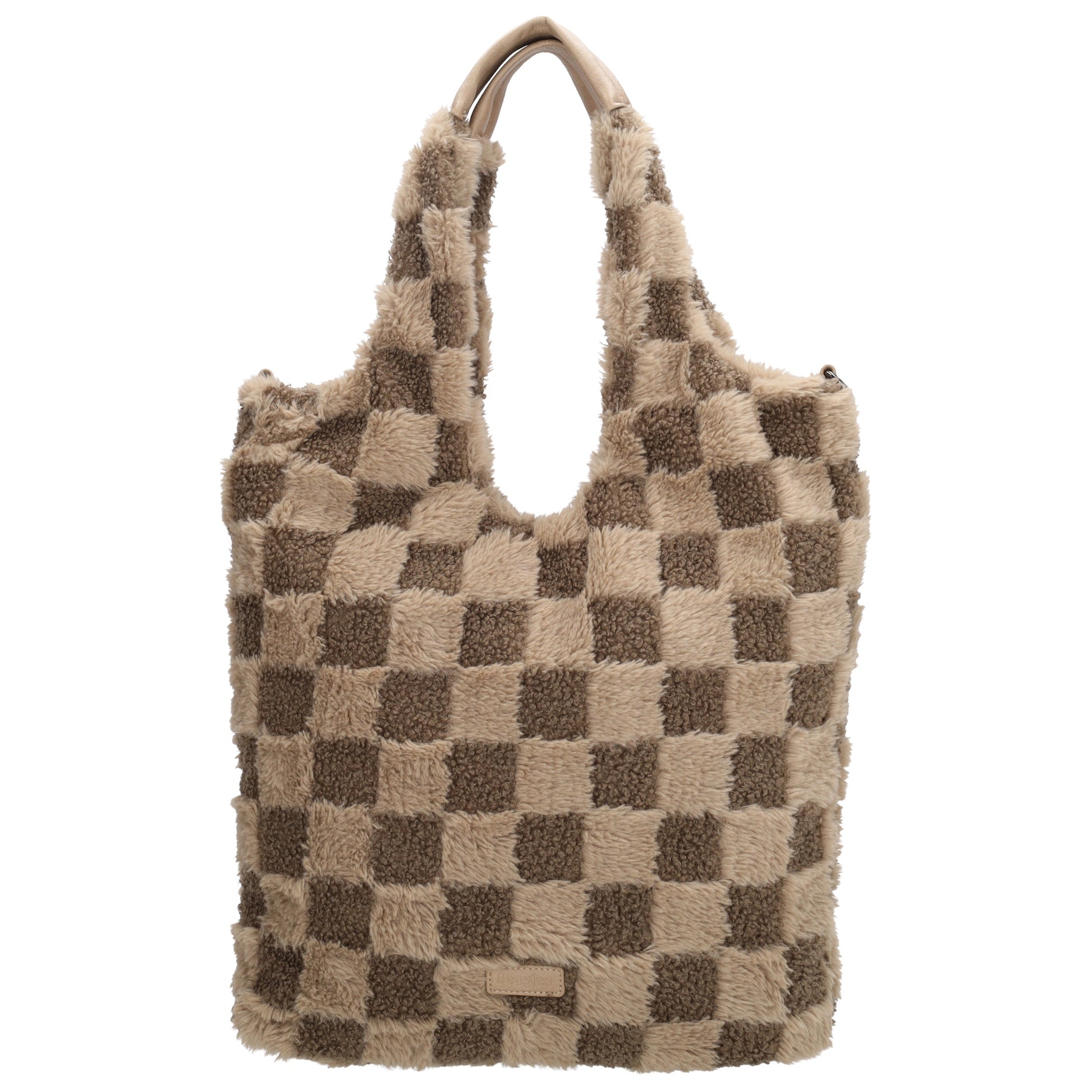 Shopper aus Kunstfell in Taupe mit Karomuster – Große Damentasche 33,5x58 cm mit Reißverschluss - leder-accessoires.com