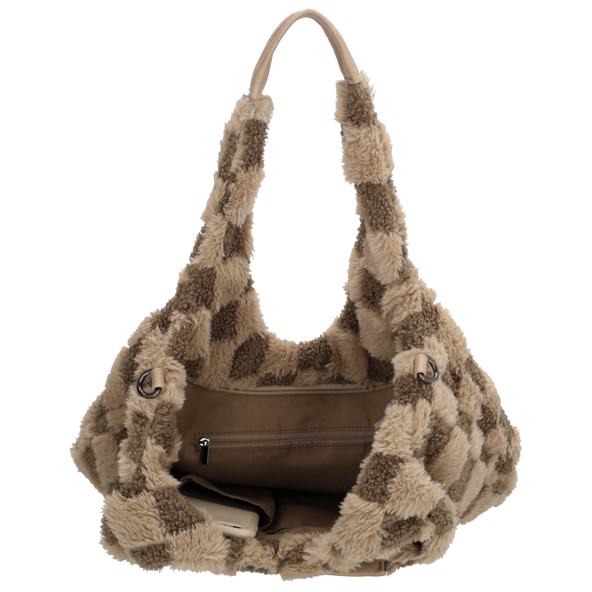 Shopper aus Kunstfell in Taupe mit Karomuster – Große Damentasche 33,5x58 cm mit Reißverschluss - leder-accessoires.com