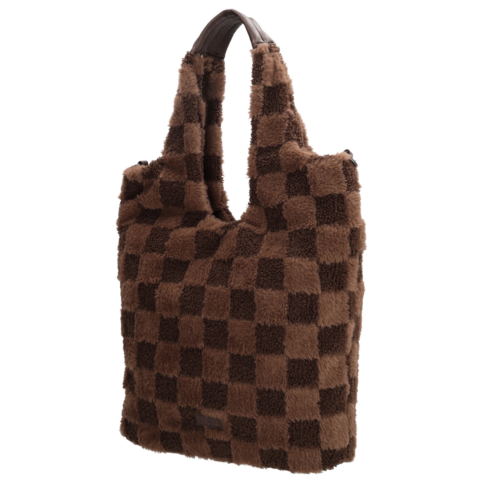 Shopper aus Kunstfell in Braun mit Karomuster – Große Damentasche 33,5x58 cm mit Reißverschluss - leder-accessoires.com