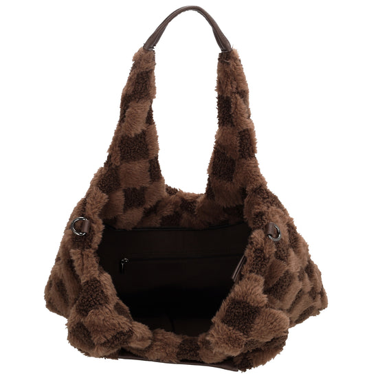 Shopper aus Kunstfell in Braun mit Karomuster – Große Damentasche 33,5x58 cm mit Reißverschluss - leder-accessoires.com