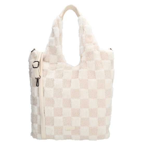 Shopper aus Kunstfell in Creme mit Karomuster – Große Damentasche 33,5x58 cm mit Reißverschluss - leder-accessoires.com
