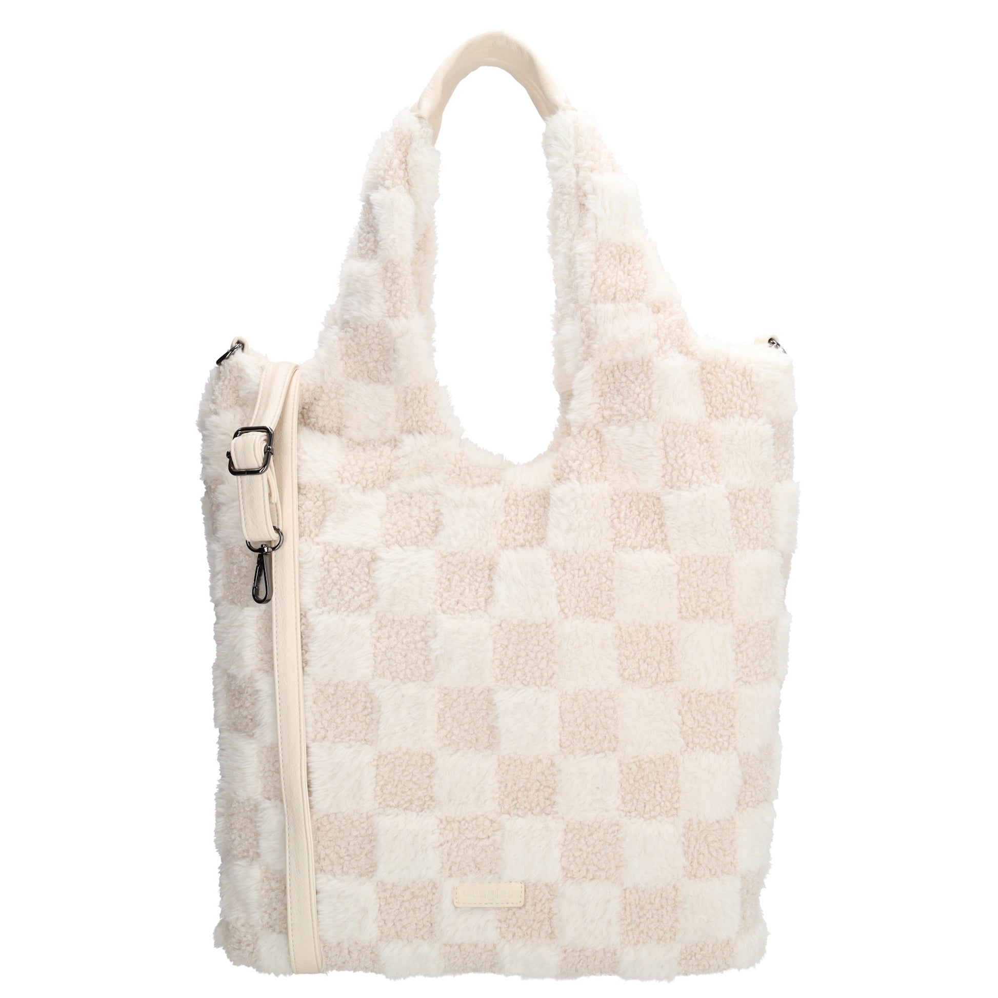 Shopper aus Kunstfell in Creme mit Karomuster – Große Damentasche 33,5x58 cm mit Reißverschluss - leder-accessoires.com