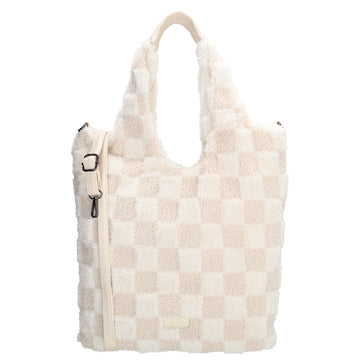 Shopper aus Kunstfell in Creme mit Karomuster – Große Damentasche 33,5x58 cm mit Reißverschluss - leder-accessoires.com