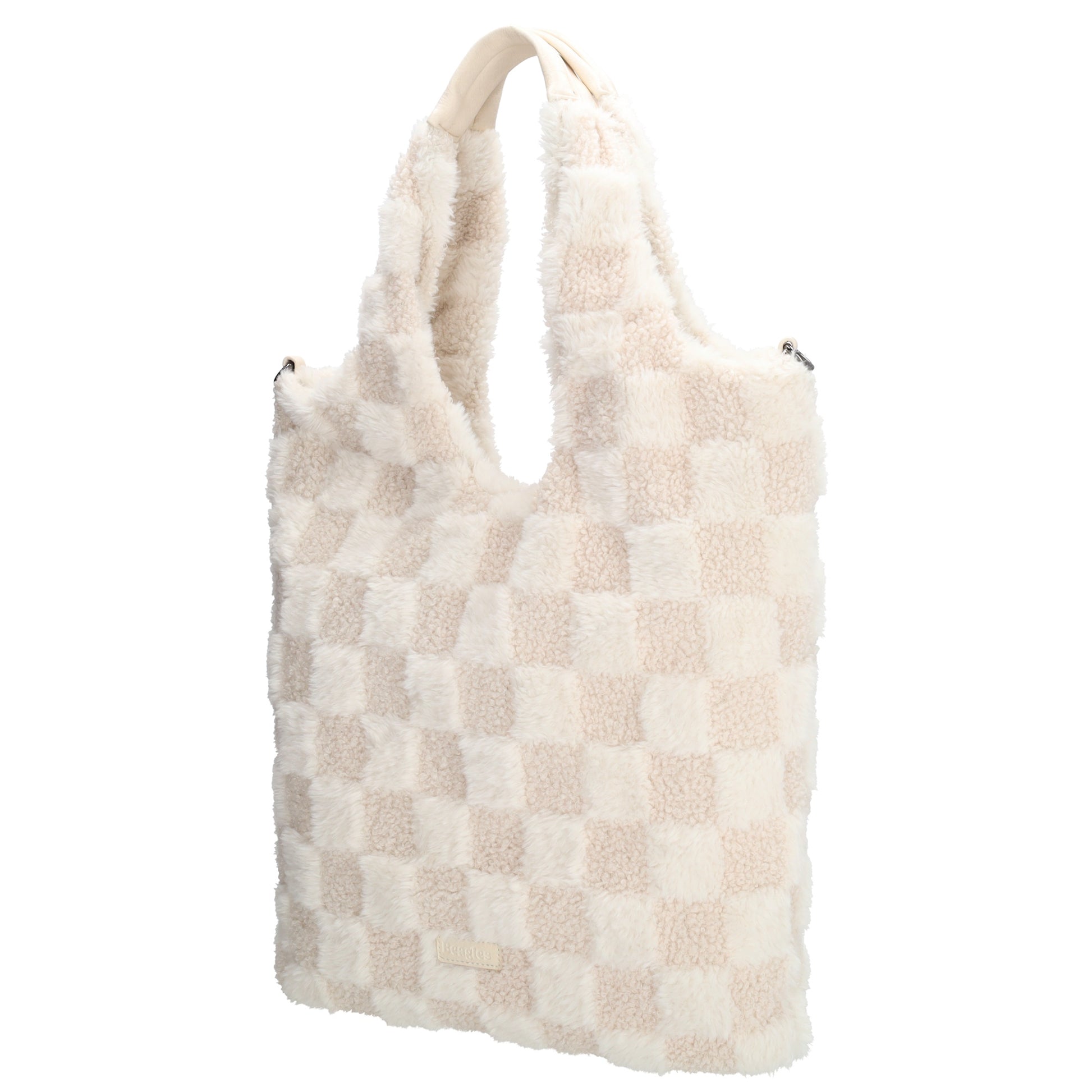 Shopper aus Kunstfell in Creme mit Karomuster – Große Damentasche 33,5x58 cm mit Reißverschluss - leder-accessoires.com