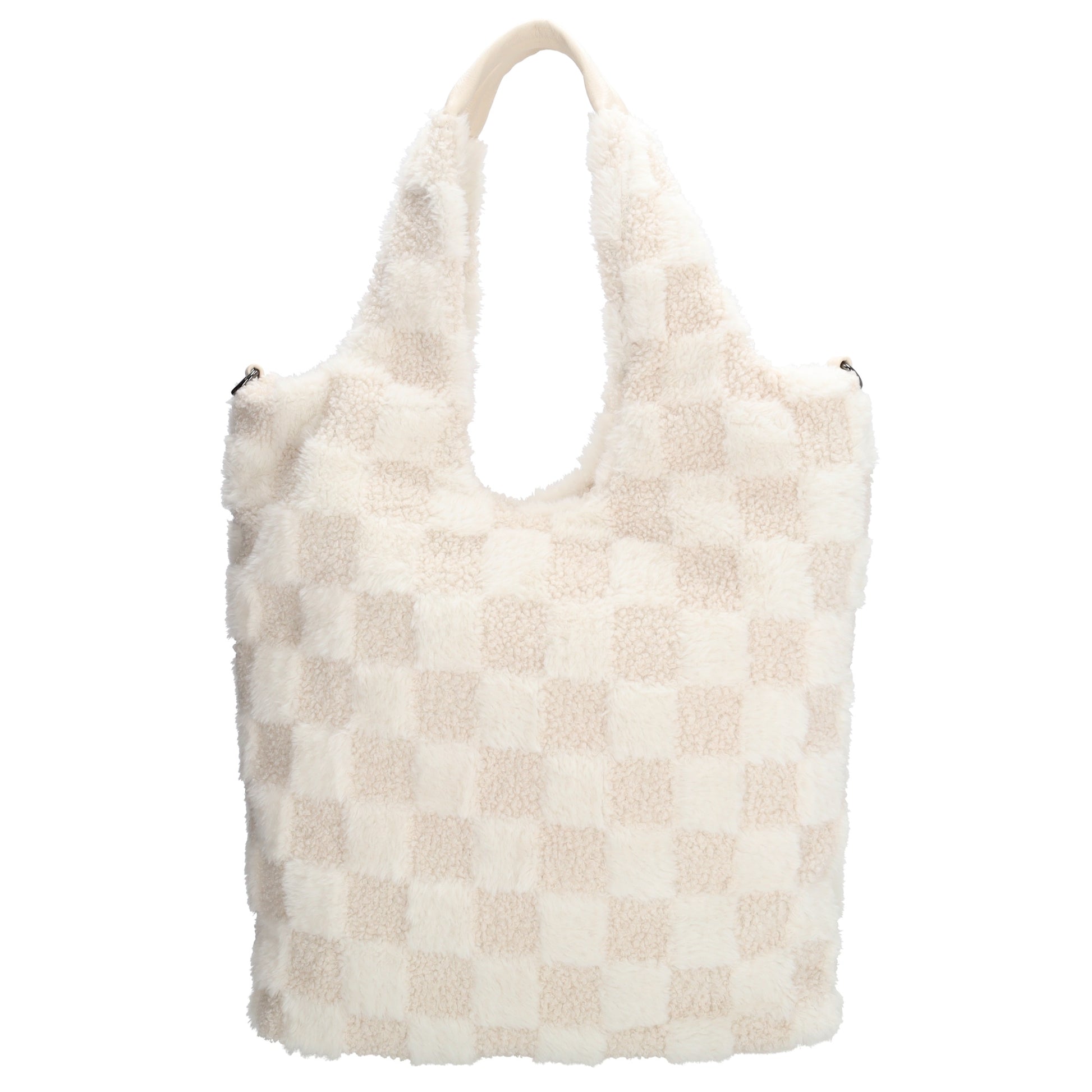 Shopper aus Kunstfell in Creme mit Karomuster – Große Damentasche 33,5x58 cm mit Reißverschluss - leder-accessoires.com