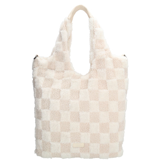 Shopper aus Kunstfell in Creme mit Karomuster – Große Damentasche 33,5x58 cm mit Reißverschluss - leder-accessoires.com