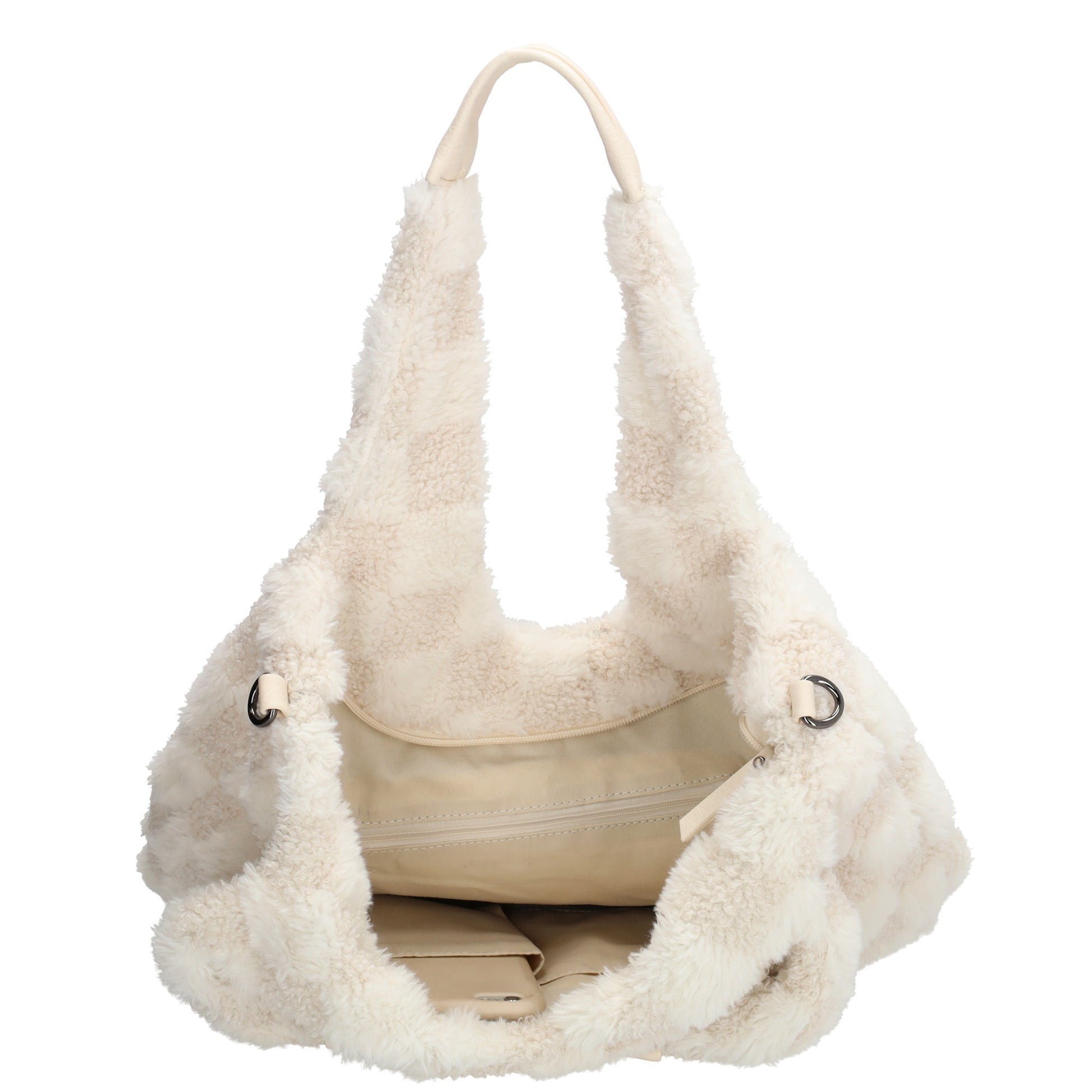 Shopper aus Kunstfell in Creme mit Karomuster – Große Damentasche 33,5x58 cm mit Reißverschluss - leder-accessoires.com