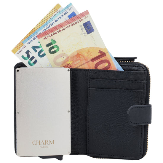 Kreditkartenetui 11x8cm Schwarz RFID mit Münzfach Alu - leder-accessoires.com
