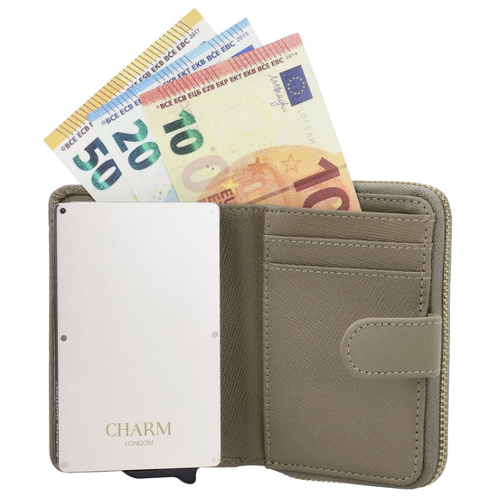 RFID Kartenetui 11x8cm Taupe kompakt mit Alu-Case - leder-accessoires.com
