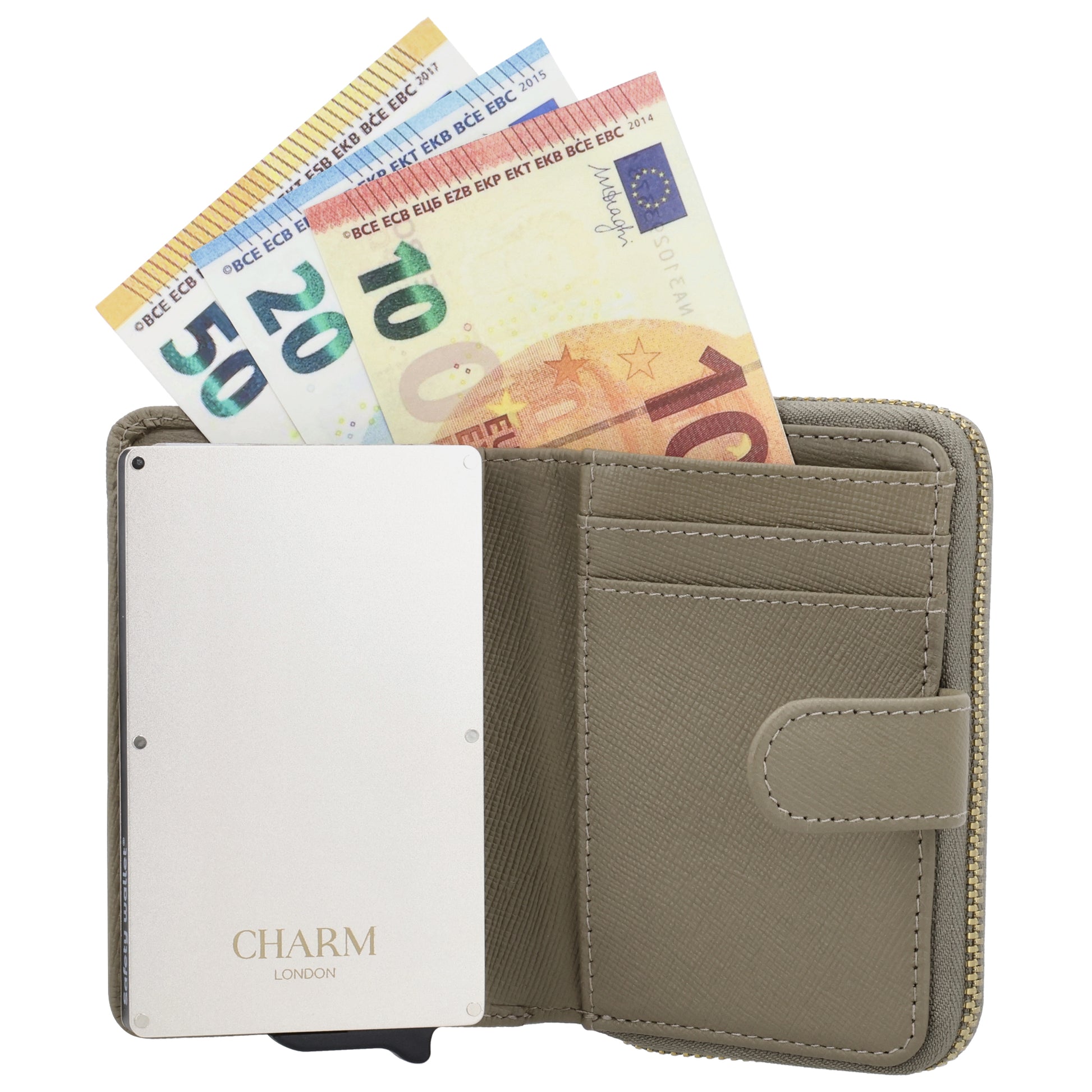 RFID Kartenetui 11x8cm Taupe kompakt mit Alu-Case - leder-accessoires.com