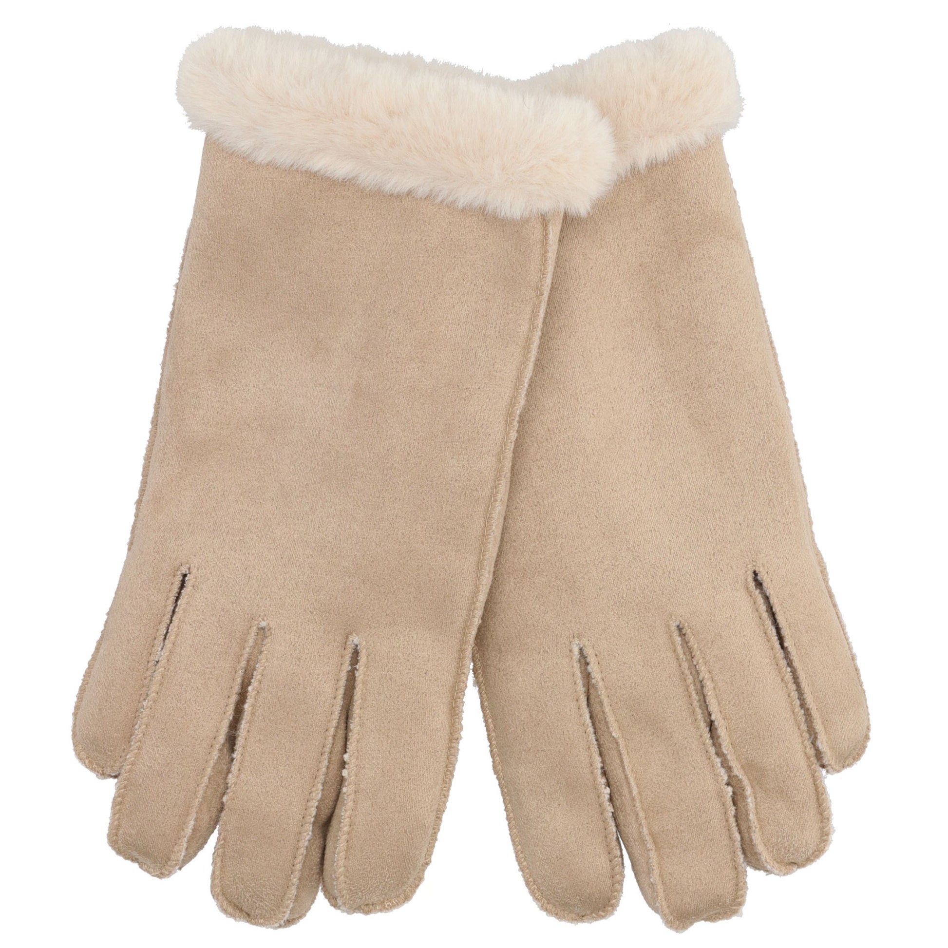 Beige Winterhandschuhe in Wildleder-Optik mit Fell und Kunstfellfutter