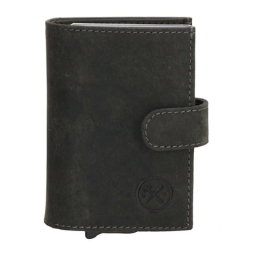 Schwarze Leder Safety Wallet 8,3x10,5cm mit Druckknopf & Reißverschlussfach