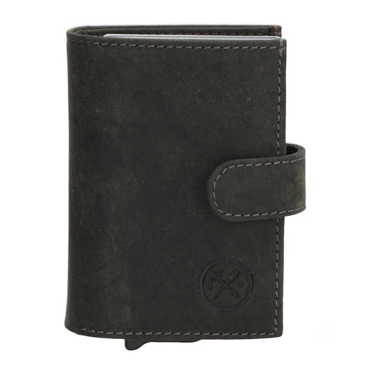 Schwarze Leder Safety Wallet 8,3x10,5cm mit Druckknopf & Reißverschlussfach