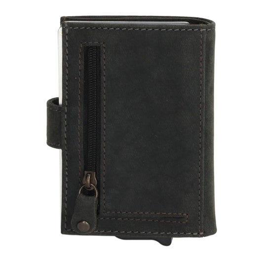 Schwarze Leder Safety Wallet 8,3x10,5cm mit Druckknopf & Reißverschlussfach
