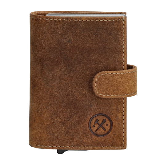 Kompakte Safety Wallet 8,3x10,5cm aus braunem Leder mit Karten- & Münzfach