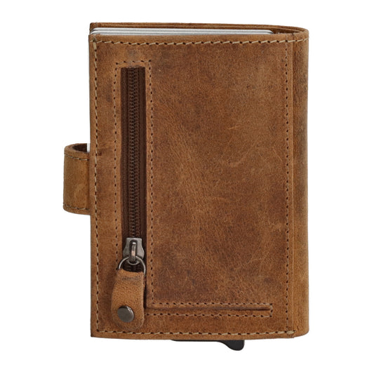 Kompakte Safety Wallet 8,3x10,5cm aus braunem Leder mit Karten- & Münzfach