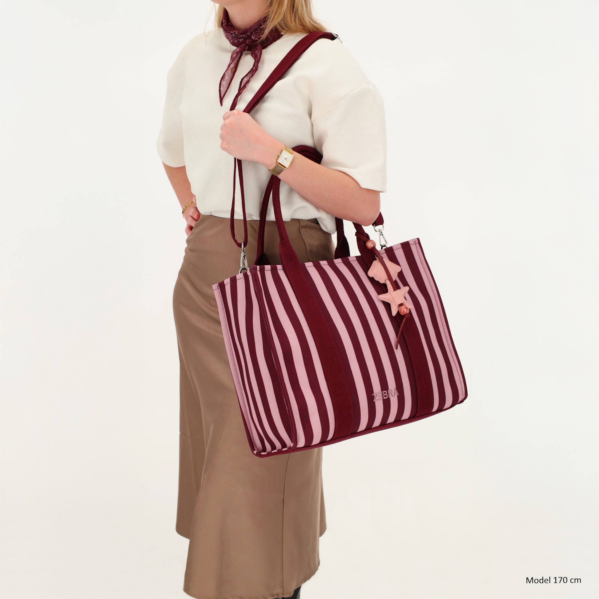 Shopper | Strandtasche 42x33cm Pink gestreift mit Reißverschluss - leder-accessoires.com