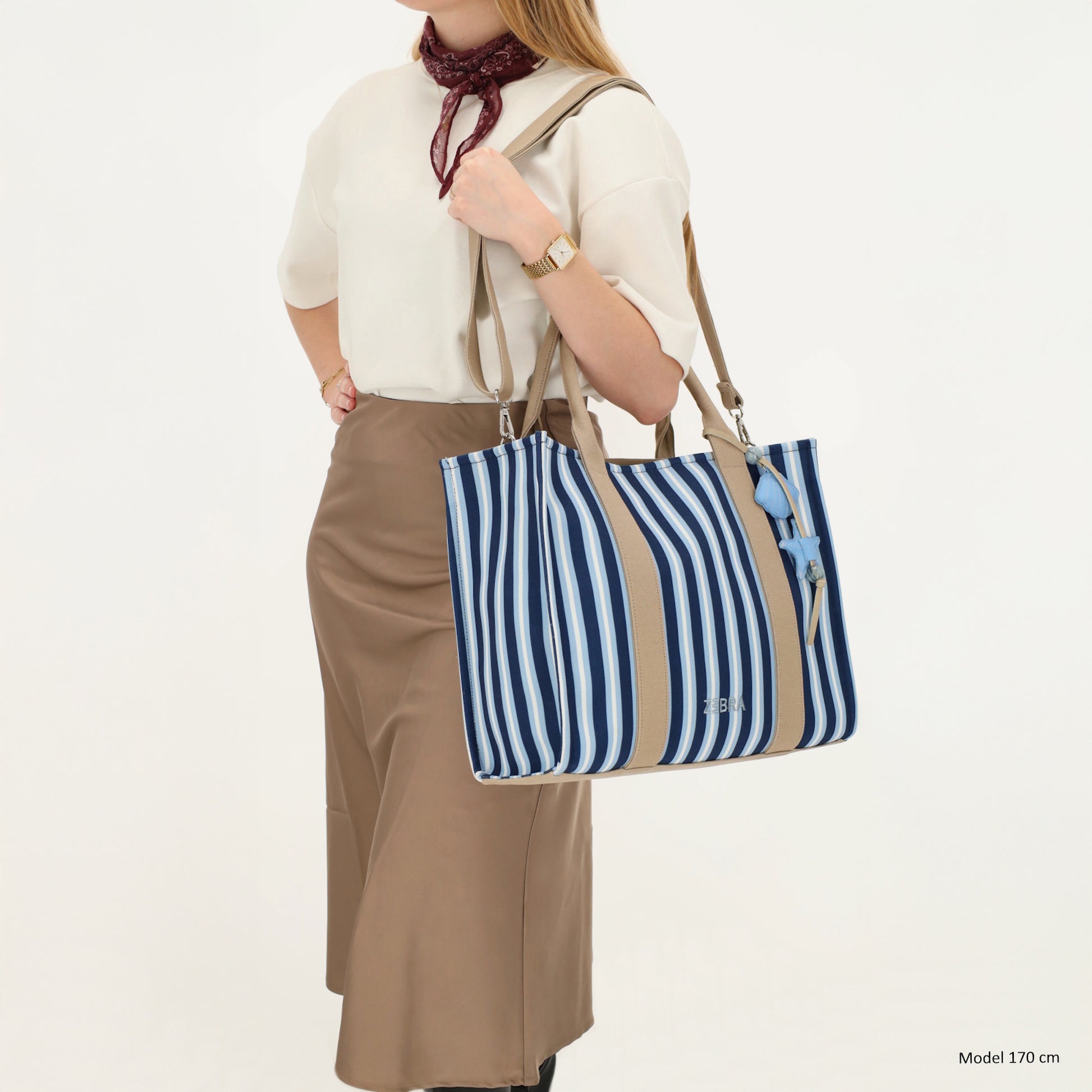 Shopper | Strandtasche 42x33cm Blau gestreift mit Reißverschluss - leder-accessoires.com