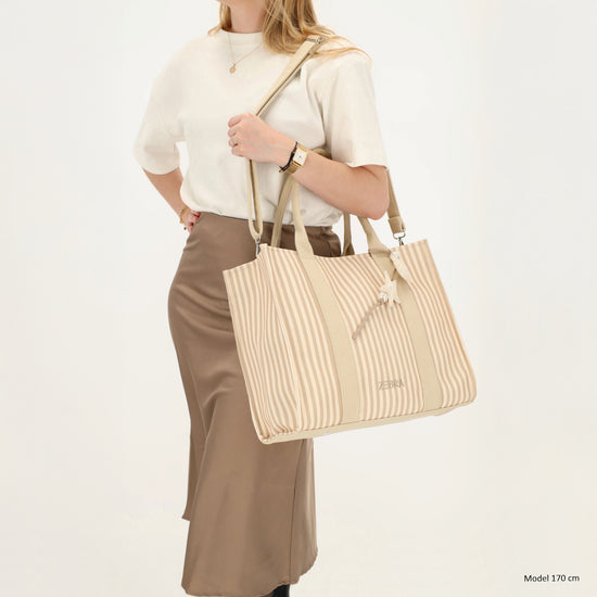 Shopper | Strandtasche 42x33cm Creme gestreift mit Reißverschluss - leder-accessoires.com