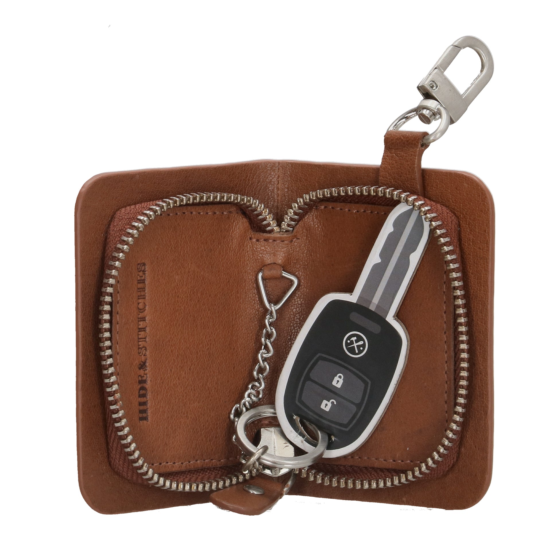 Schlüsseletui 7,5x9cm in Cognac aus Leder mit Karabiner - leder-accessoires.com