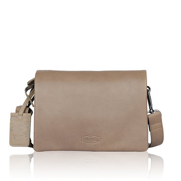 Umhängetasche aus Leder in Taupe|Grau mit Überschlag
