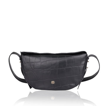 Umhängetasche in Bananenform 36x22cm in Schwarz mit Krokooptik