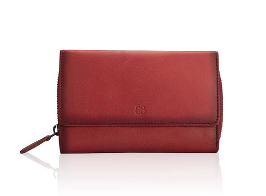 Rote Damenbörse Bellicci aus handverlesenem Rindsleder im Querformat mit Überschlag