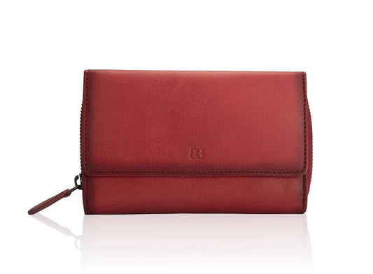 Rote Damenbörse Bellicci aus handverlesenem Rindsleder im Querformat mit Überschlag