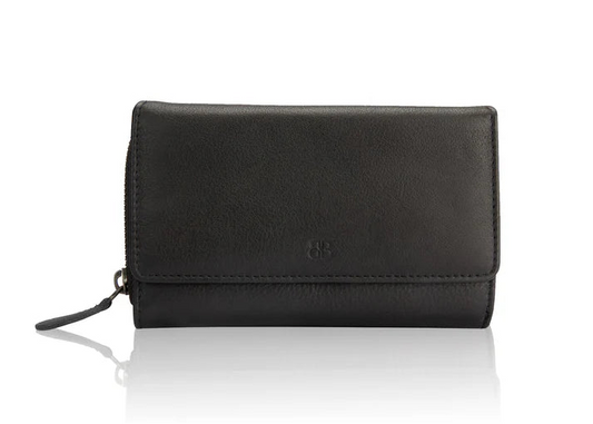 Schwarze Damenbörse Bellicci aus handverlesenem Rindsleder im Querformat mit Überschlag