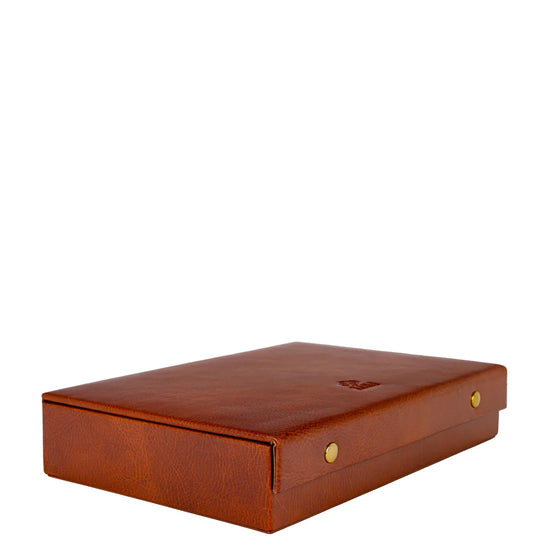 Schmuckdose 29,5 x 20,5m in Cognac mit Deckel und Druckknöpfen - leder-accessoires.com